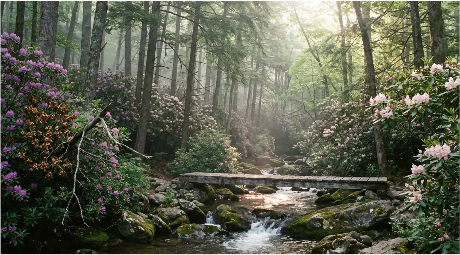Wide view of wild rhododendron thickets blooming in the understory of a hemlock and hardwood forest by a mountain stream