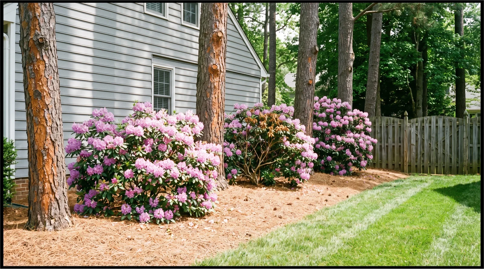 Wide view of rhododendrons planted in high shade under tall pines on the north side of a house, blooming well