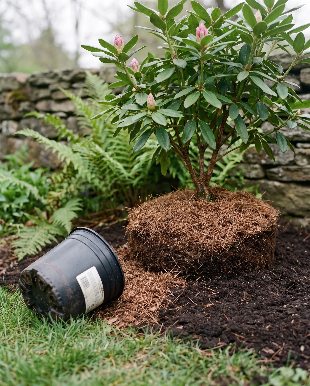 A newly planted rhododendron with its root ball set high above the surrounding soil and mulched with pine needles