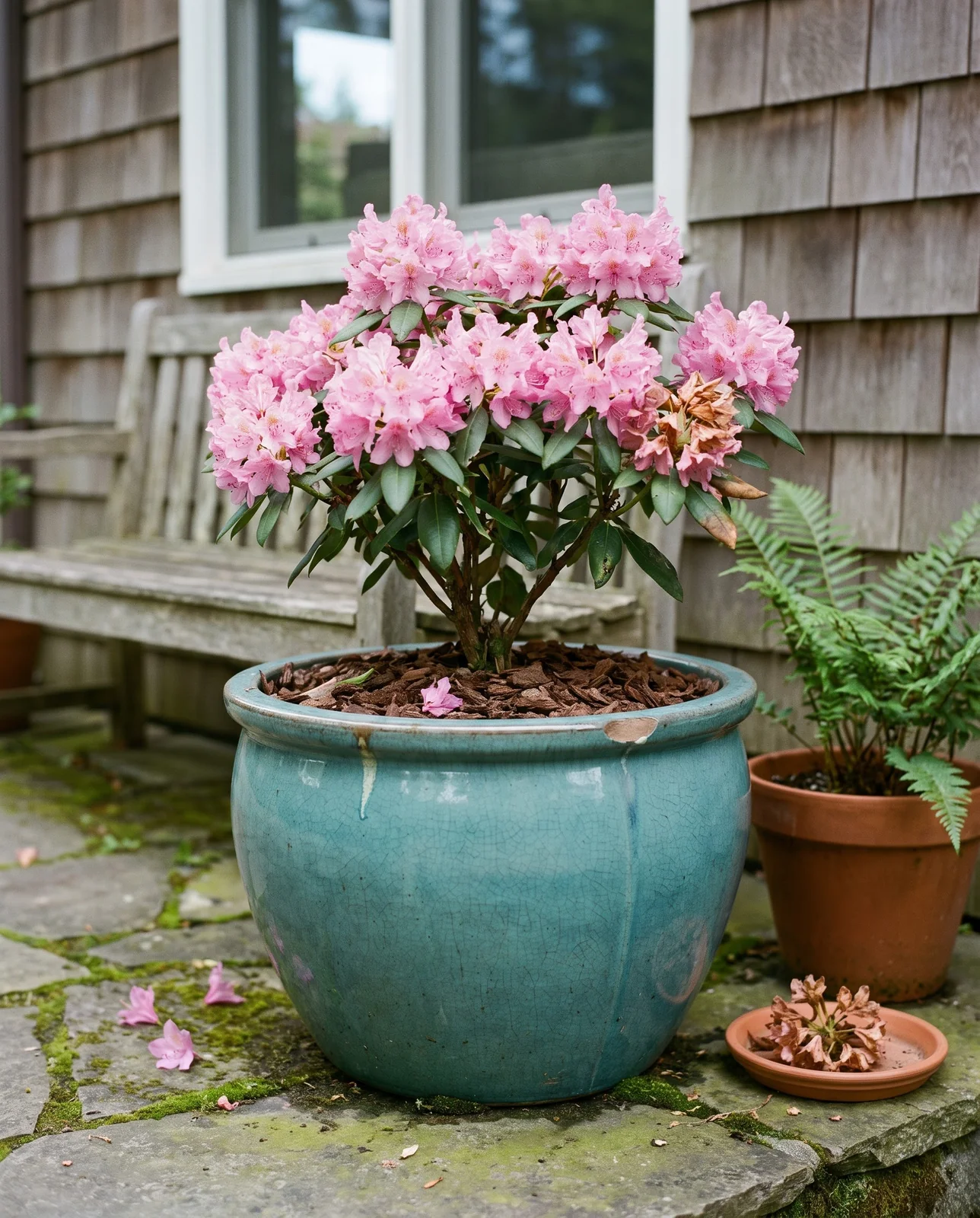A compact rhododendron blooming pink in a large glazed pot on a shaded terrace with a bag of acid potting mix nearby