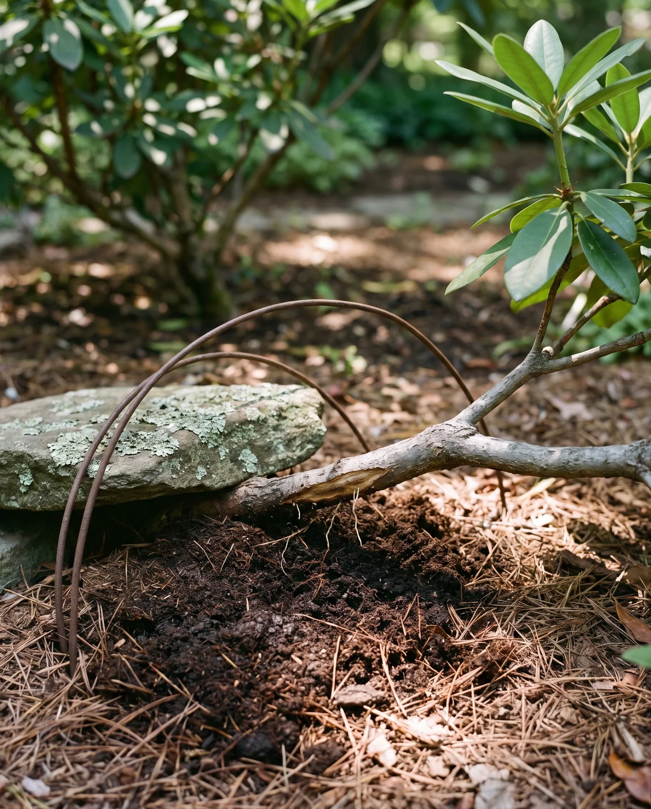 A low rhododendron branch pinned to the soil under mulch and rooting where it touches the ground