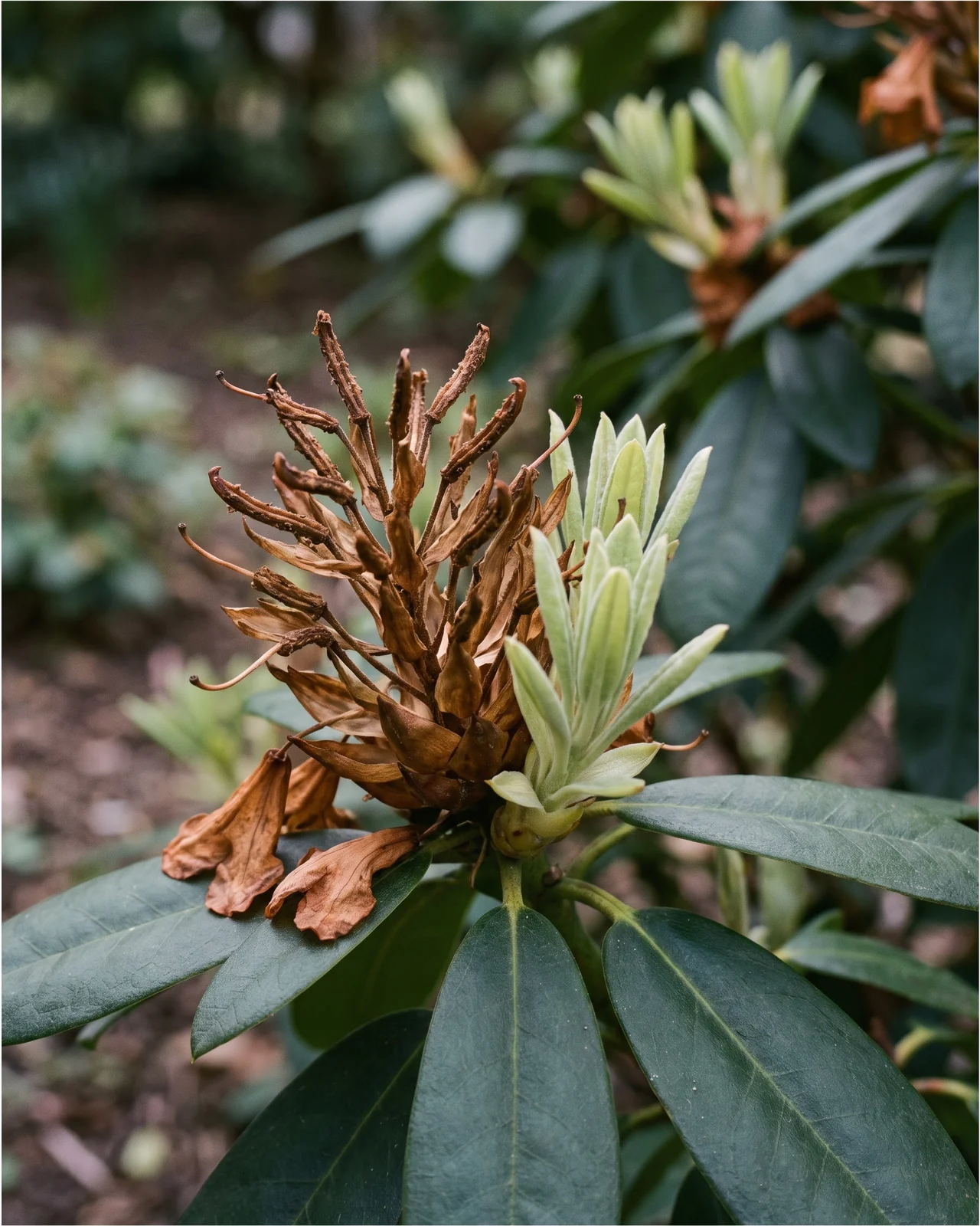 Close view of a rhododendron branch tip with a spent brown truss above the new leaf rosette just breaking