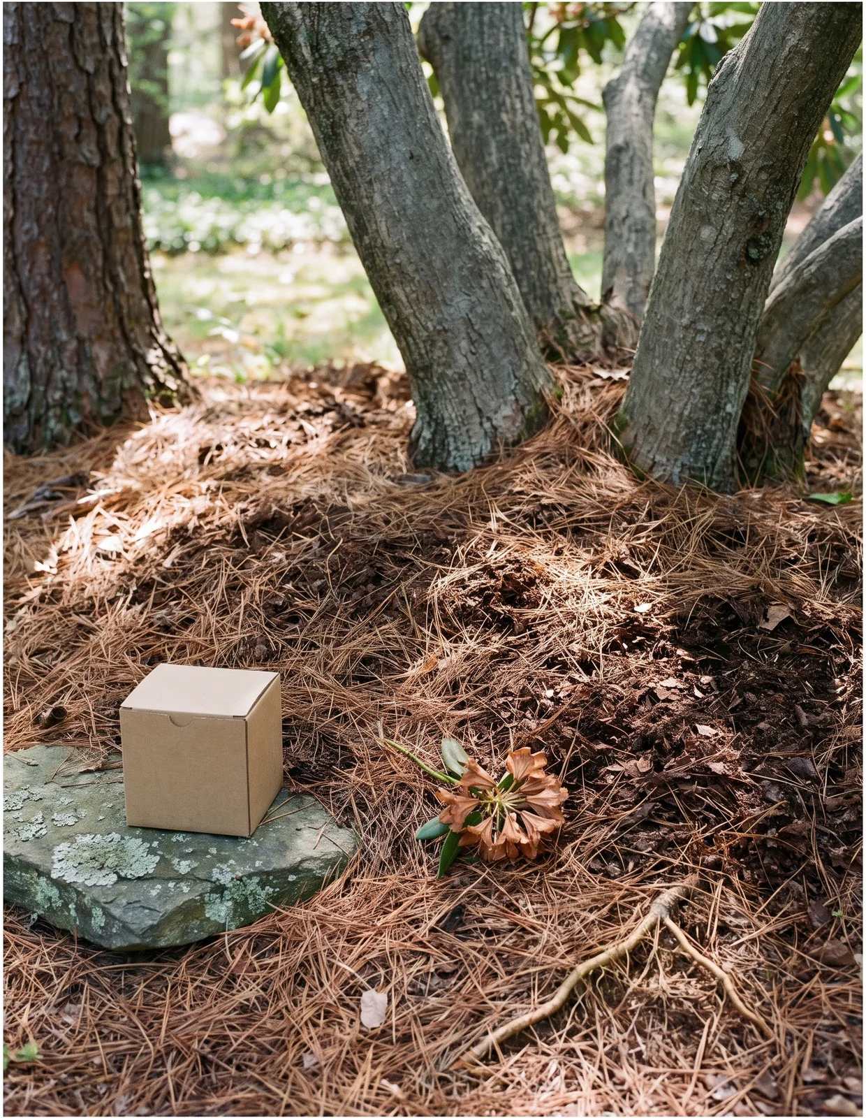 A rhododendron bed mulched with pine needles and oak leaf mold beside a pine trunk, a soil test kit box nearby
