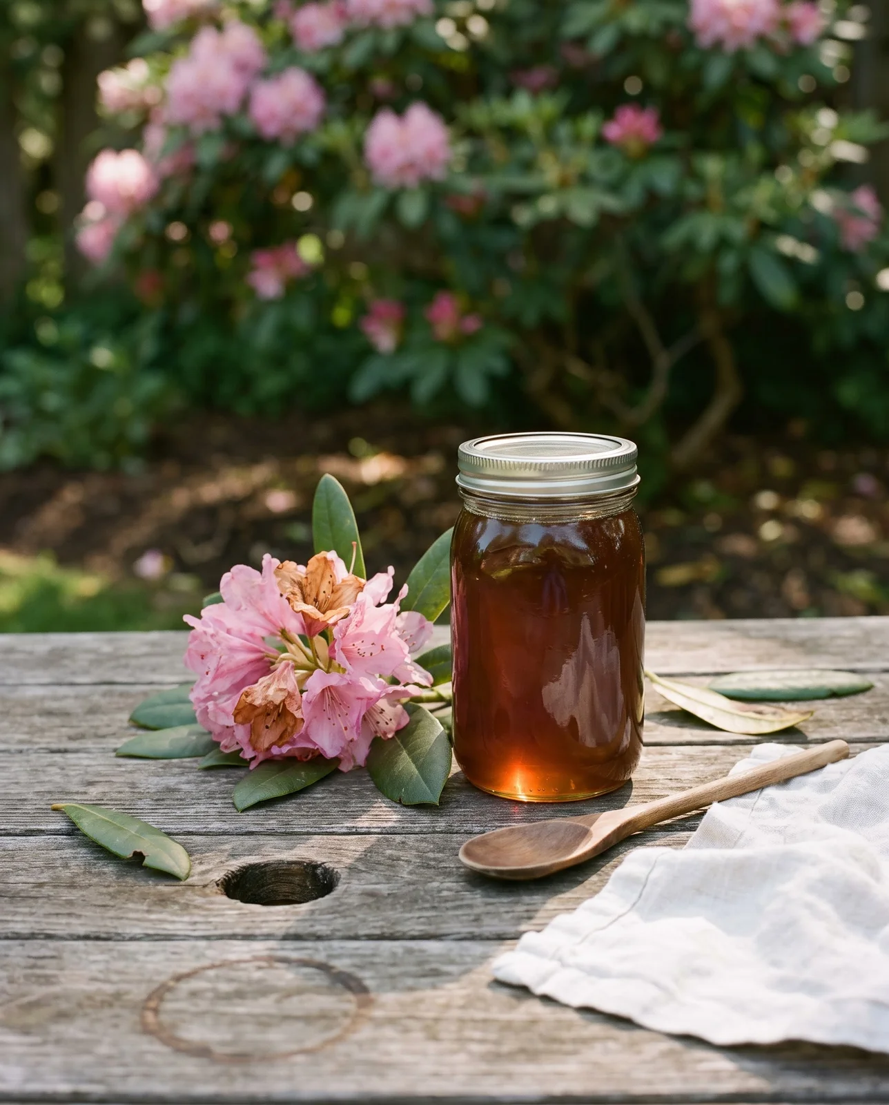 A jar of dark honey and a spent rhododendron truss on a wooden table with a dog-free garden behind