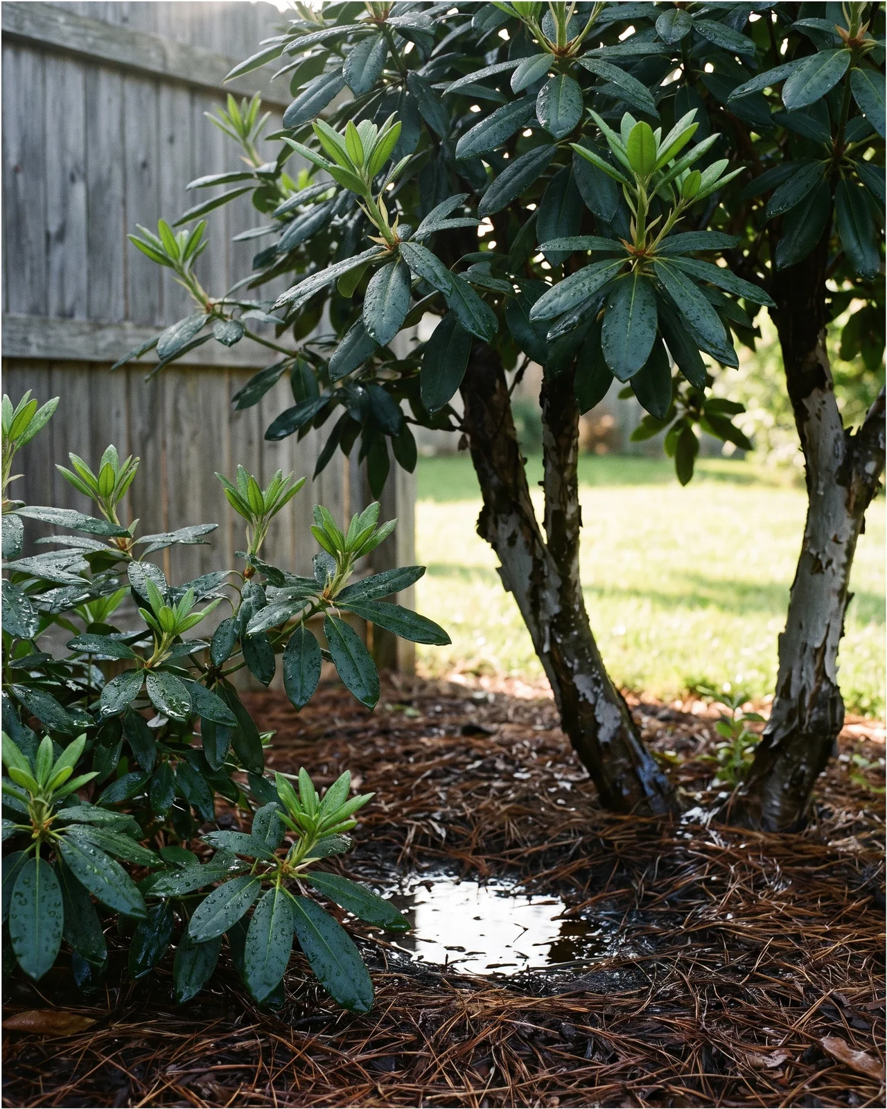 A rhododendron in a pine-needle bed after a deep summer watering, mulch dark and wet and leaves upright