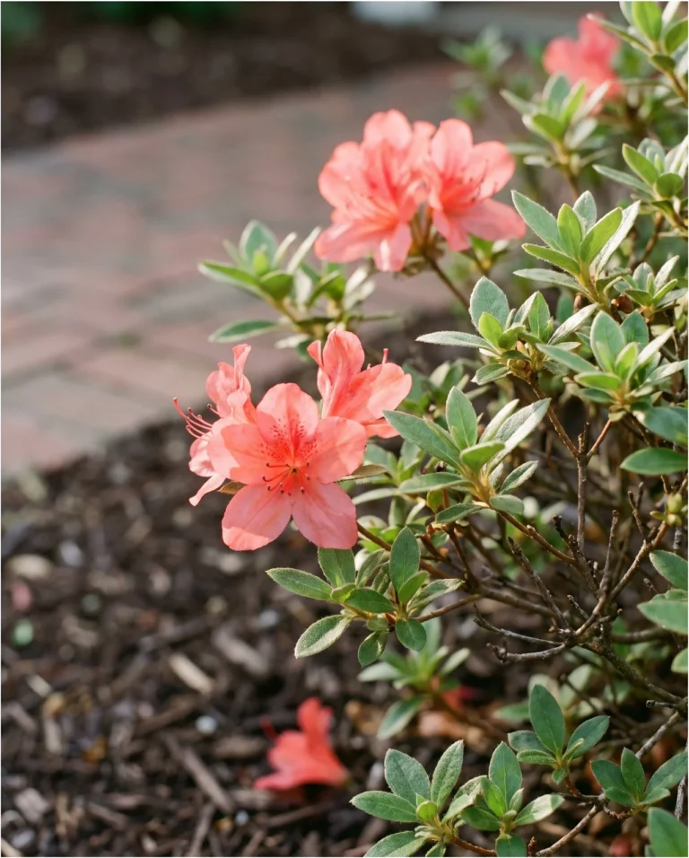 Close view of an evergreen azalea with funnel flowers in small clusters over small hairy leaves