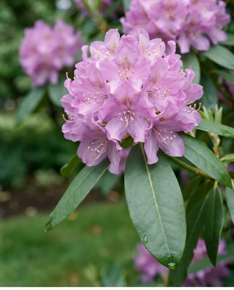 Close view of a rhododendron truss of many bell-shaped flowers above large leathery evergreen leaves