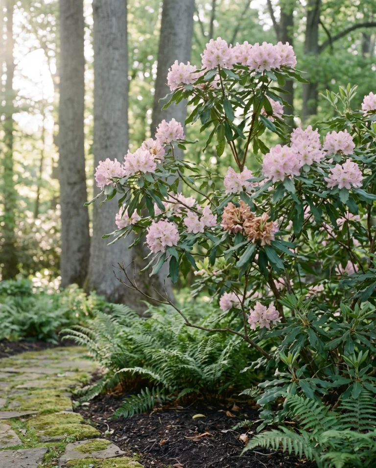 Caroline rhododendron with pale orchid-pink fragrant trusses and wavy-edged leaves in a shaded garden