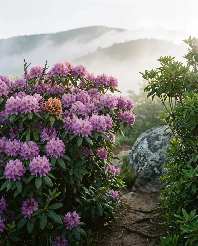 Catawba rhododendron with purple-pink trusses and dark leathery leaves on a mountain trail in June