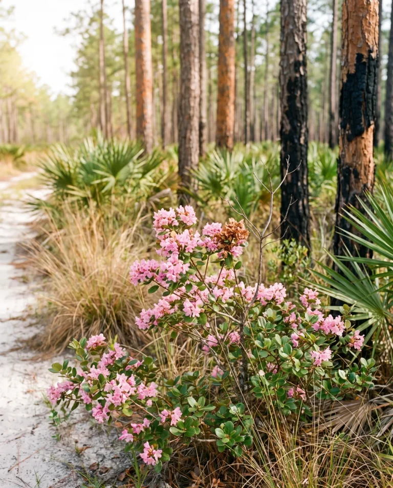 Chapmans rhododendron with small pink trusses on a low shrub in sandy pine flatwoods in Florida