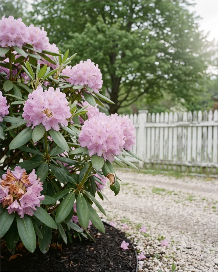 English Roseum rhododendron with soft pink-lilac trusses on a rounded shrub by a white fence