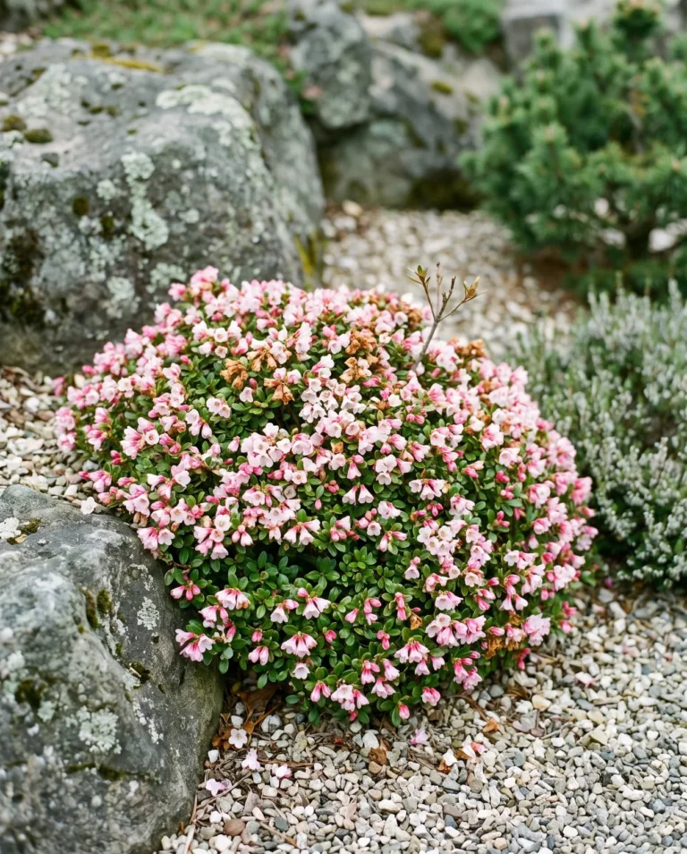 Ginny Gee dwarf rhododendron covered in small pink and white flowers on a low mound in a rock garden