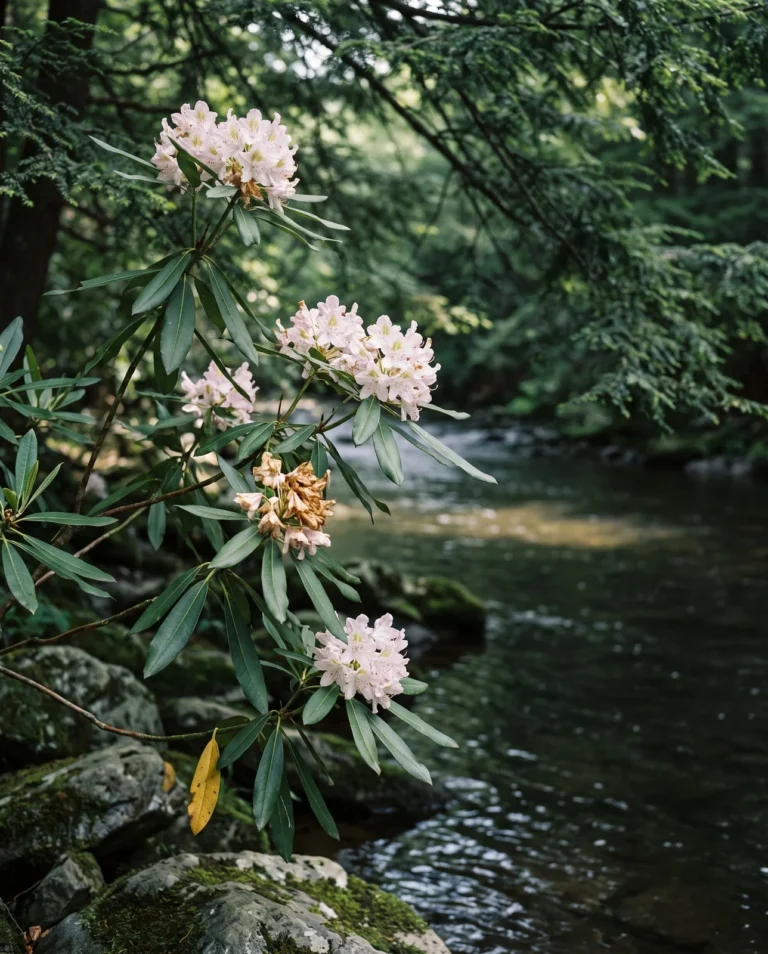 Rosebay rhododendron with pale pink-white trusses among very long leaves along a shaded Appalachian creek in July