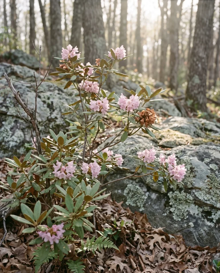 Piedmont rhododendron with small pink trusses and small dotted leaves on a rocky Southern slope