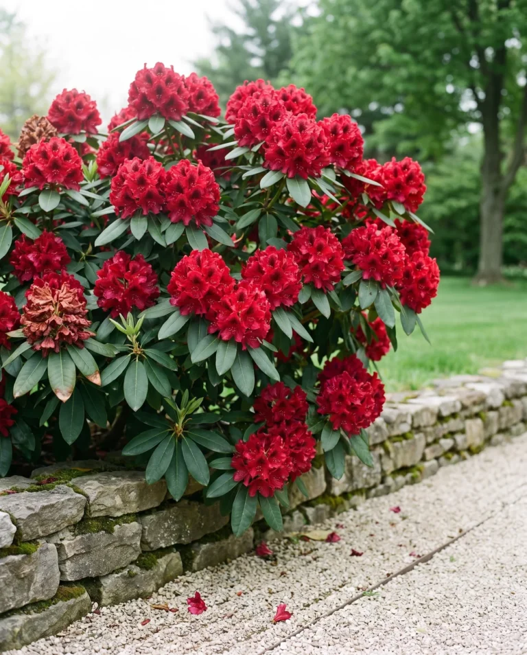 Nova Zembla rhododendron with deep red trusses over dark leaves beside a stone wall in late May