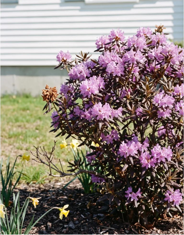 PJM rhododendron with small lavender-pink trusses and small bronze-green leaves blooming in early spring