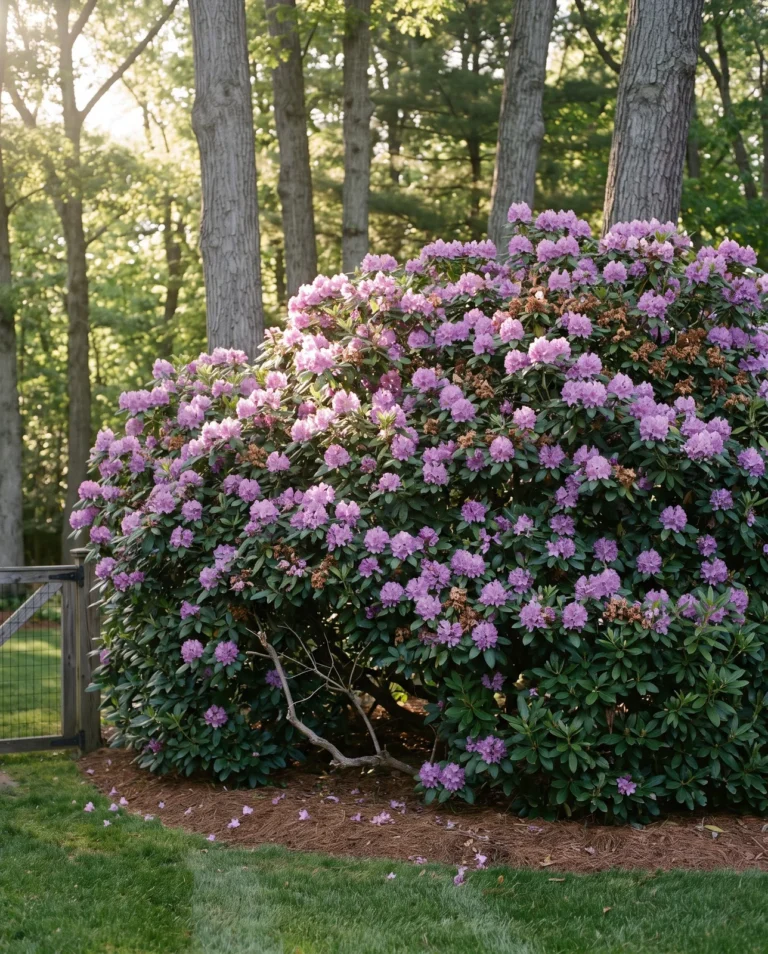 Roseum Elegans rhododendron, a large shrub covered in lavender-rose trusses at a woodland-edge lawn