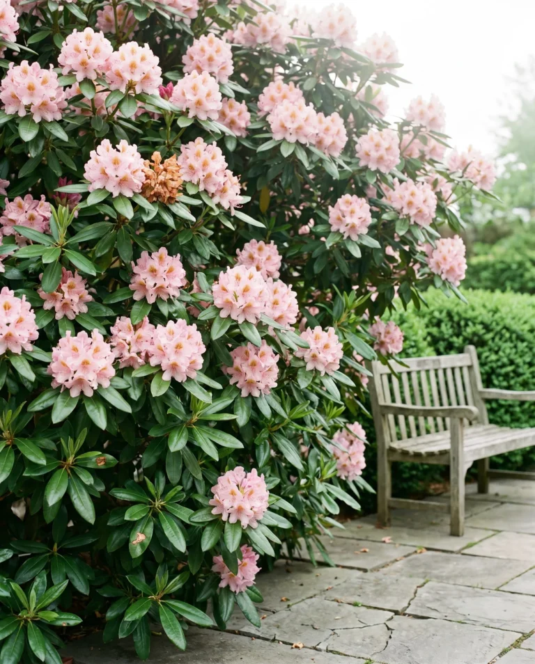 Scintillation rhododendron with glossy leaves and light pink trusses marked gold in the throat