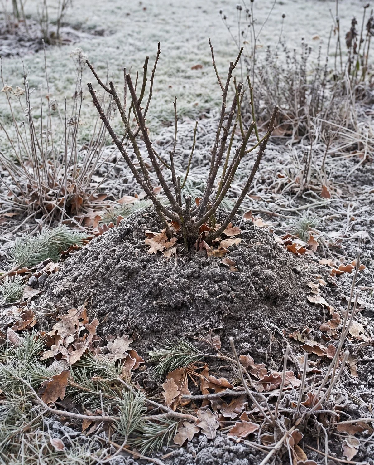 A pruned rose bush with soil mounded over its crown and a covering of loose leaves on top