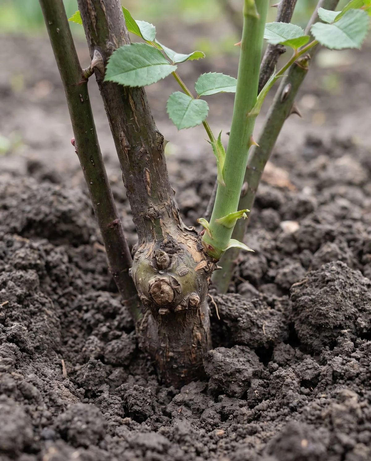 A thick new rose cane emerging from the swollen bud union at the base of the bush