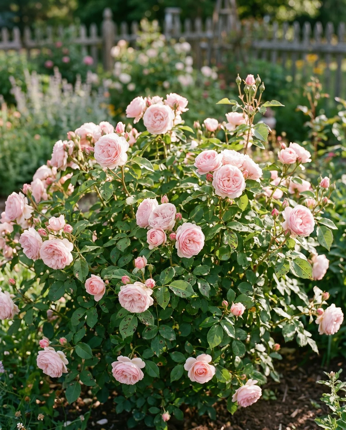 A mature Belinda's Dream shrub rose in full flush in a sunny garden bed