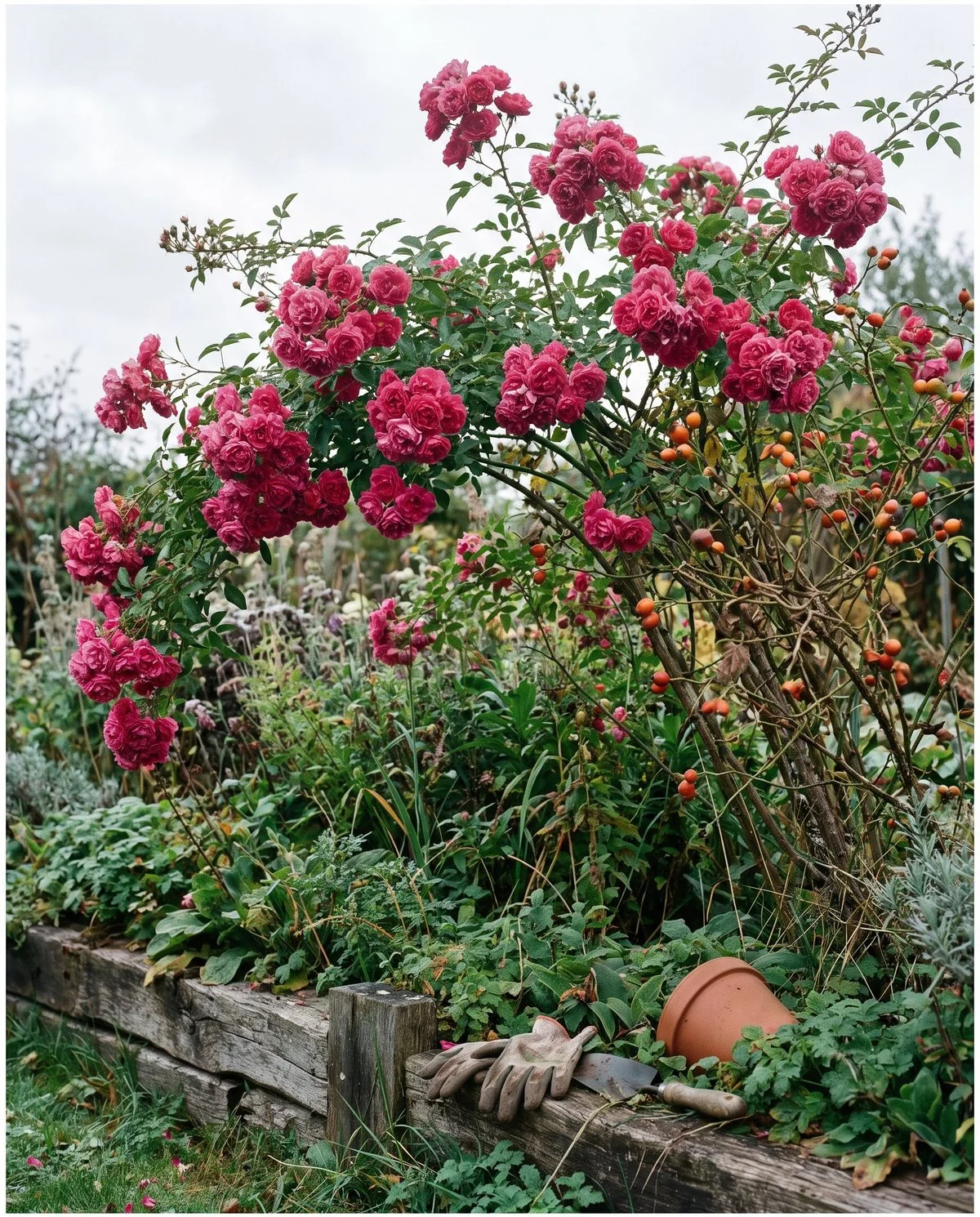 A large informal Buck shrub rose in a mixed border, blooming through the whole plant