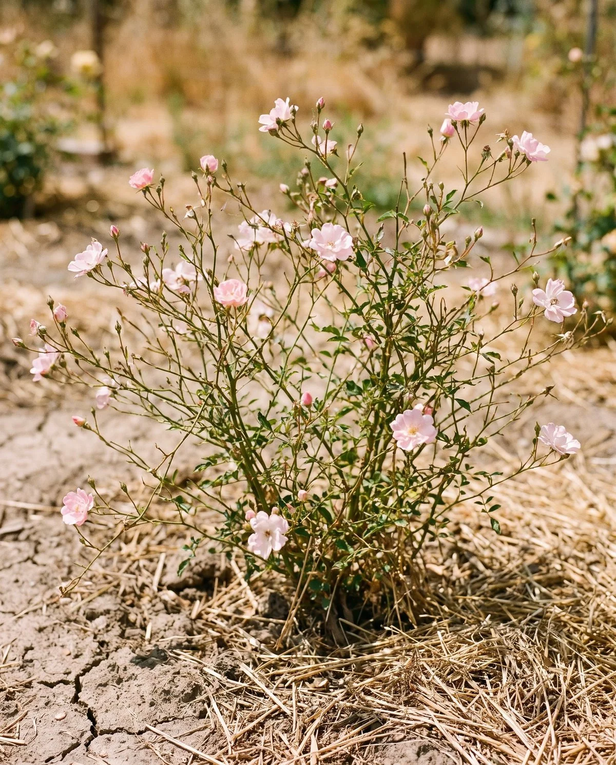 A Mutabilis China shrub rose in continuous bloom, an open airy shrub in a hot dry garden