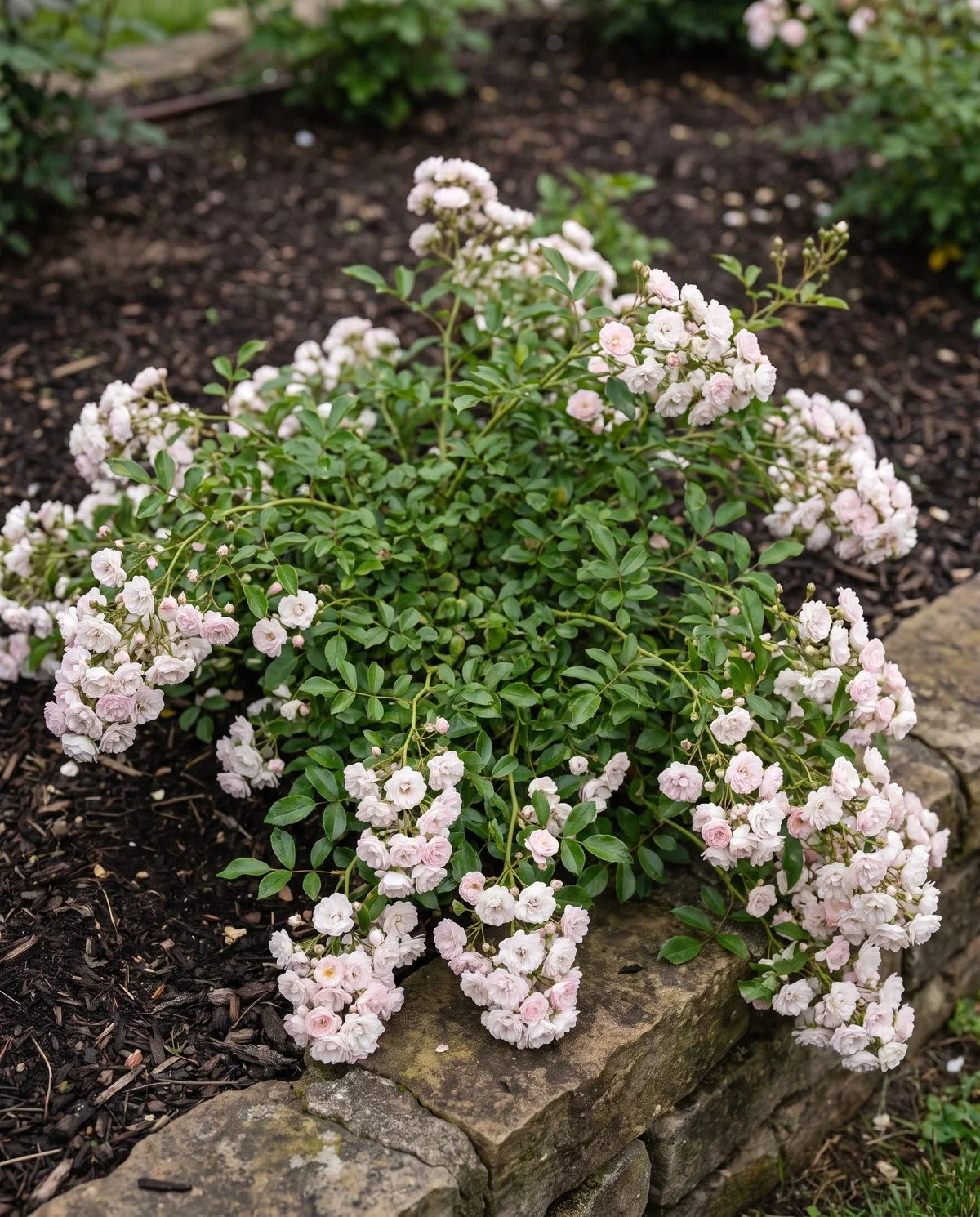 A low spreading polyantha rose carrying dense clusters of very small blooms along arching stems