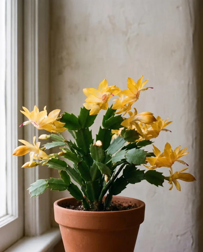 Golden yellow Christmas Flame holiday cactus in bloom