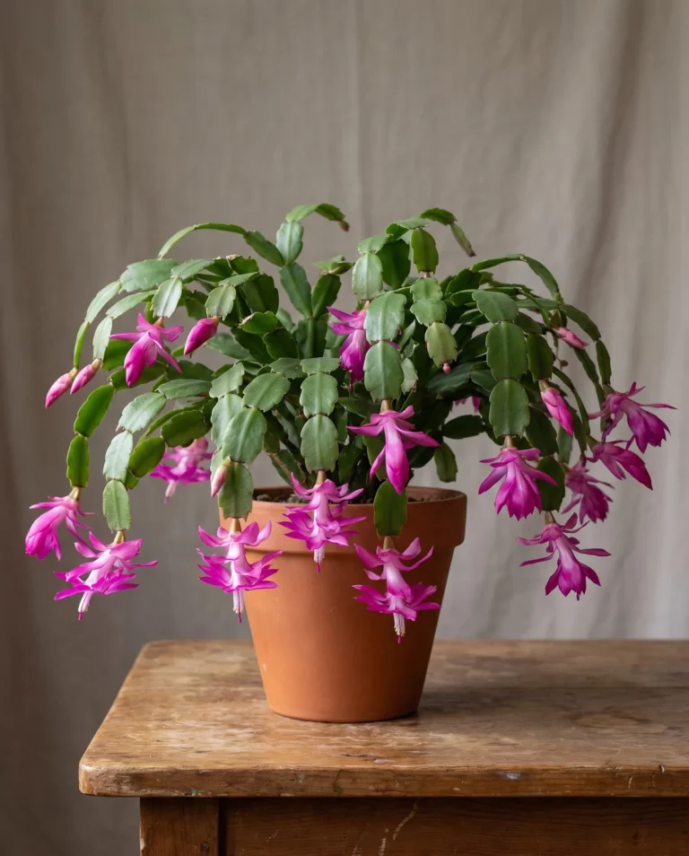 True Christmas cactus with rounded scalloped segments and magenta flowers hanging downward