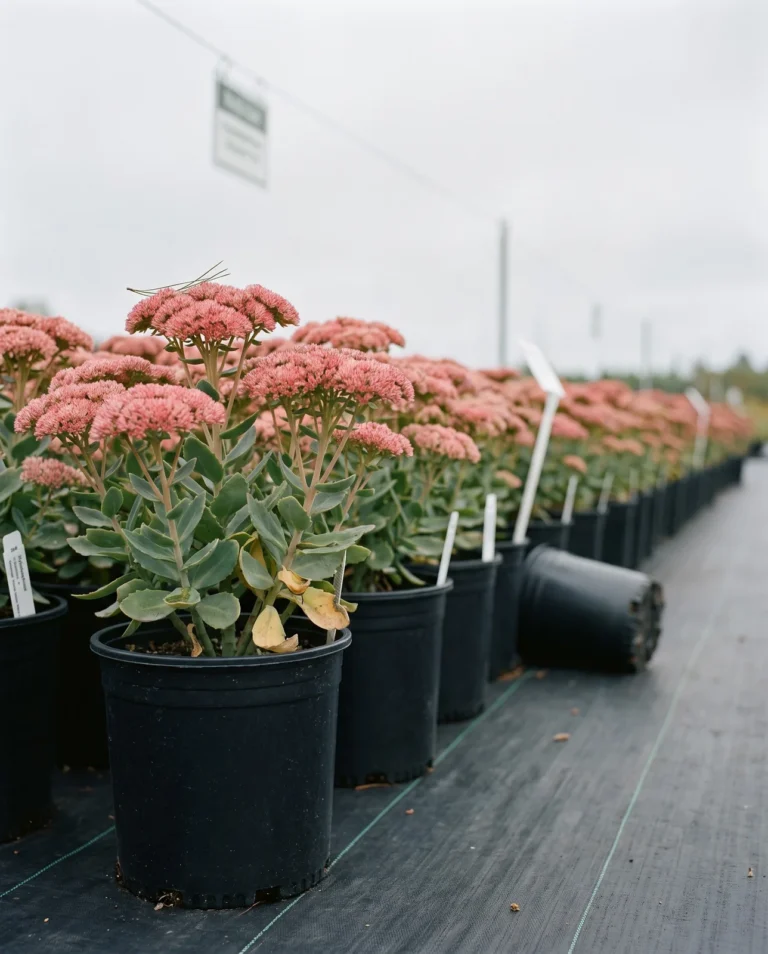 Autumn Fire sedum in nursery container rows with salmon pink blooms
