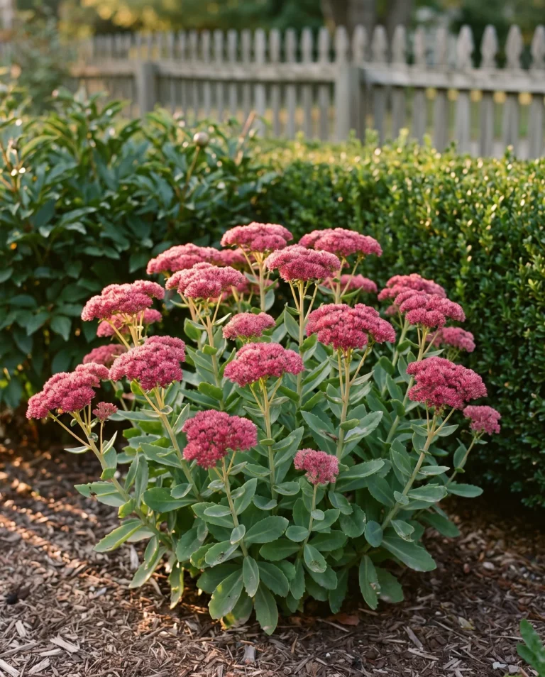 Autumn Joy sedum blooming carmine pink in an evening cottage garden