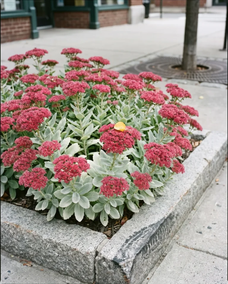 Brilliant sedum with carmine flower heads in a city sidewalk bed