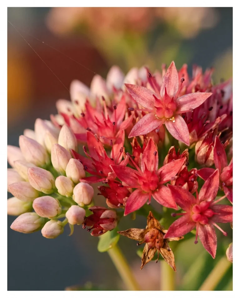 Sedum flower head turning from pale pink buds to carmine stars