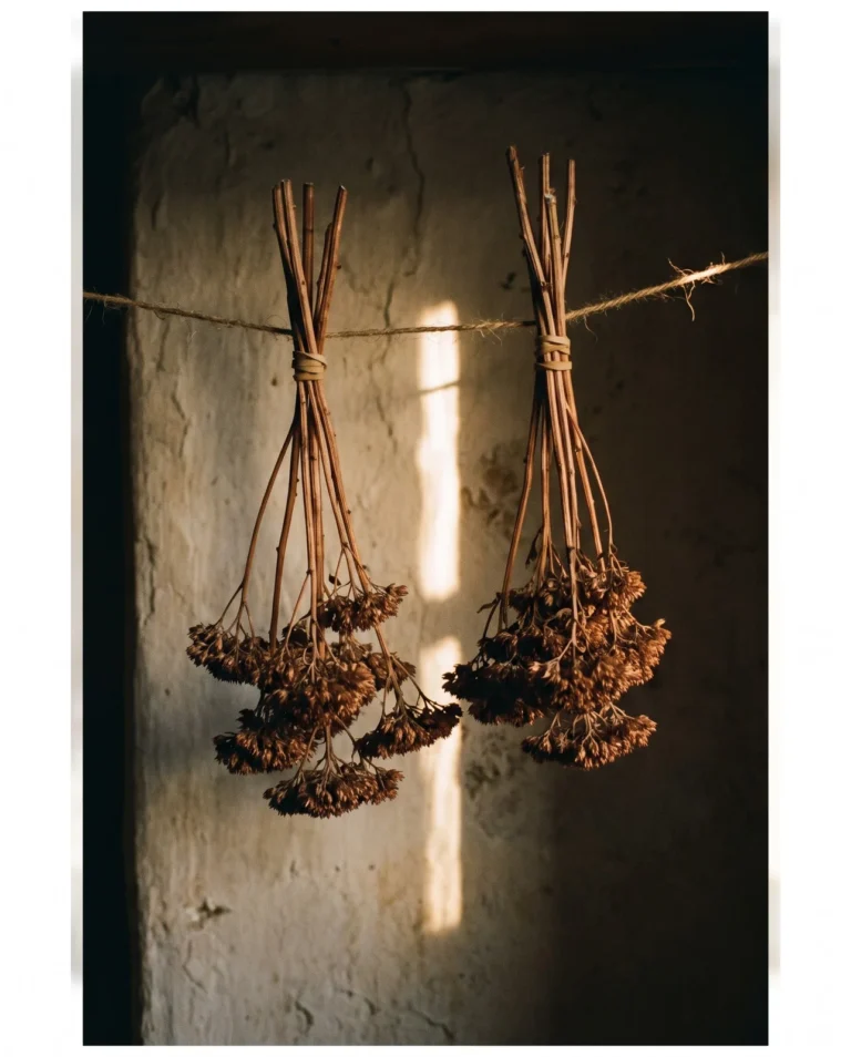 Dried copper sedum seed heads hanging upside down in a dark pantry