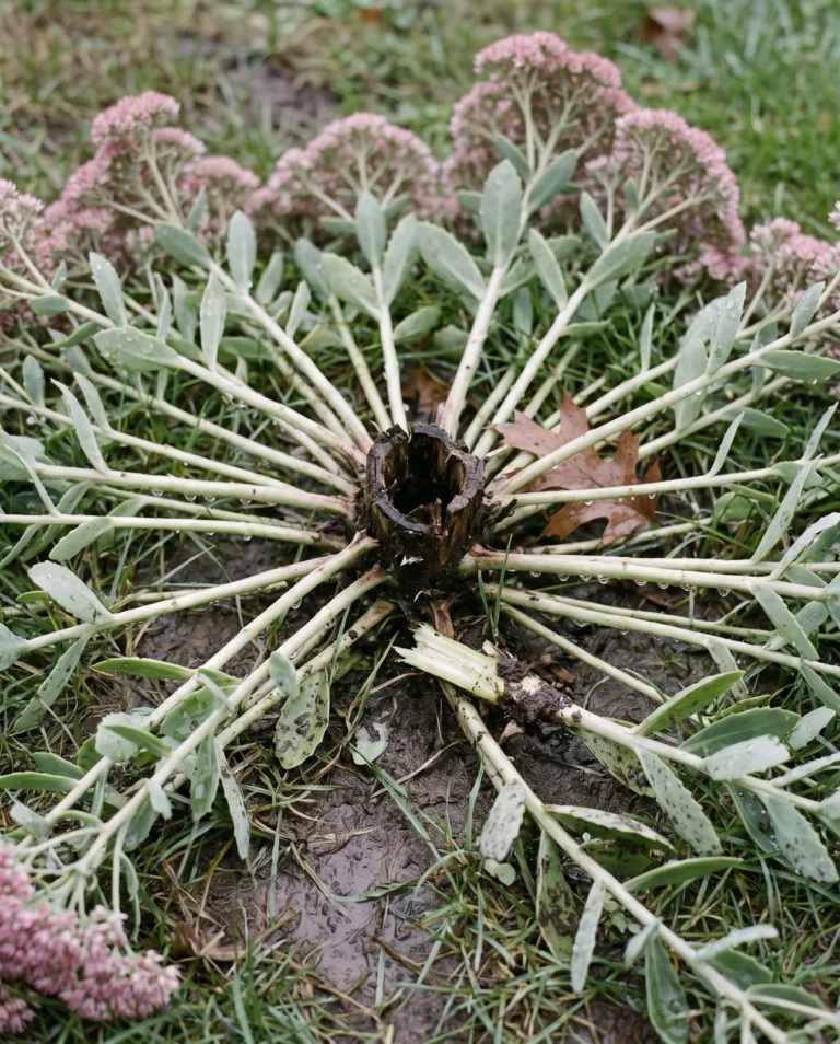 Hollow woody center of collapsed sedum clump with sprawled wet stems