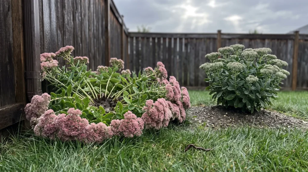 Flopped sedum clump beside compact upright clump after overnight rain