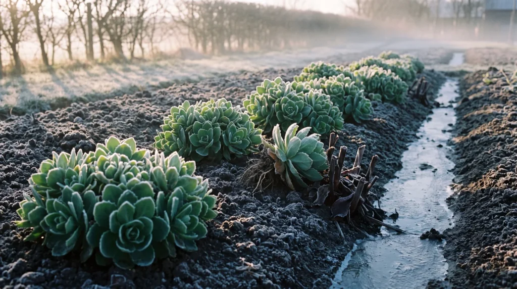 Frosted sedum rosettes emerging along garden bed at cold dawn