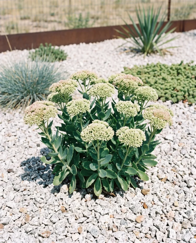 Compact upright sedum growing in sharp gravel xeriscape bed
