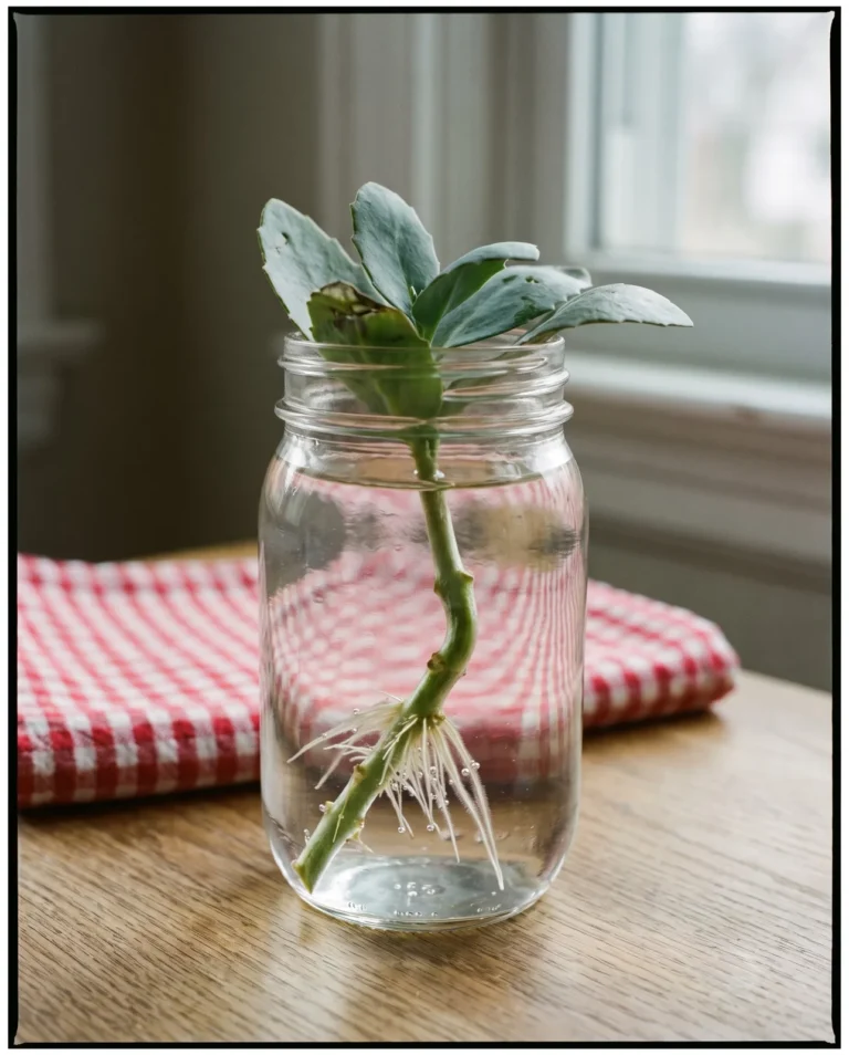 Sedum stem cutting rooting in water-filled glass jar