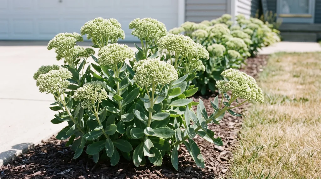 Upright sedum clumps at green bud stage in July suburban border