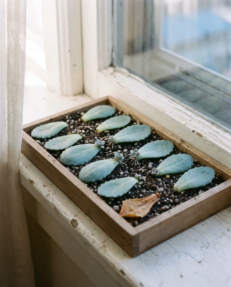 Sedum leaf cuttings rooting on moist propagation tray indoors