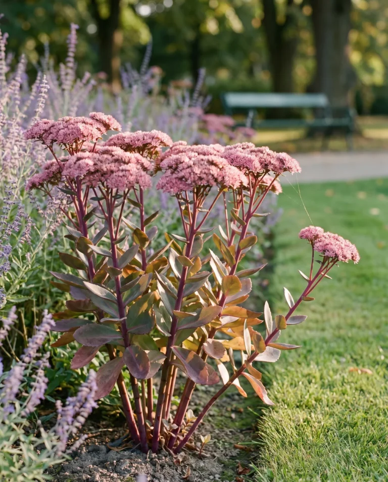 Matrona sedum with purple stems and pink corymbs in park border