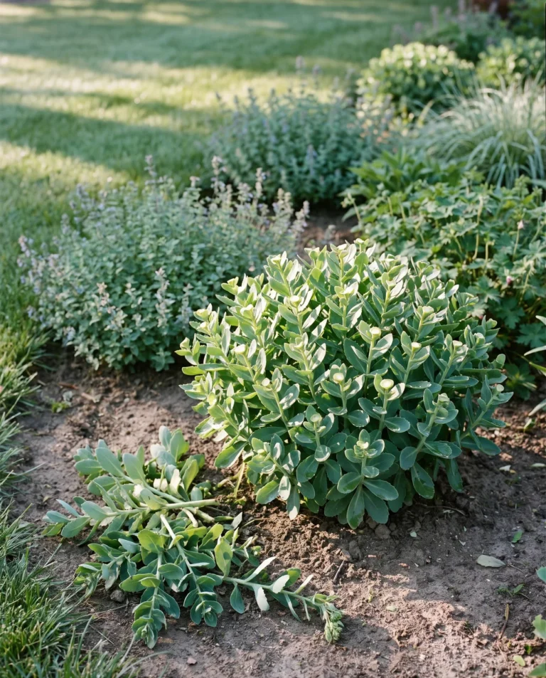 Upright sedum cut back by half, trimmed tops lying beside