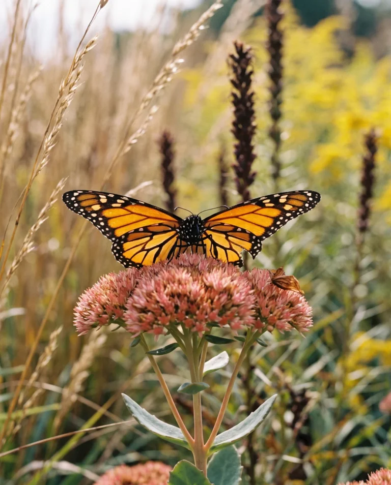 Monarch butterfly feeding on coppery-pink sedum flower head