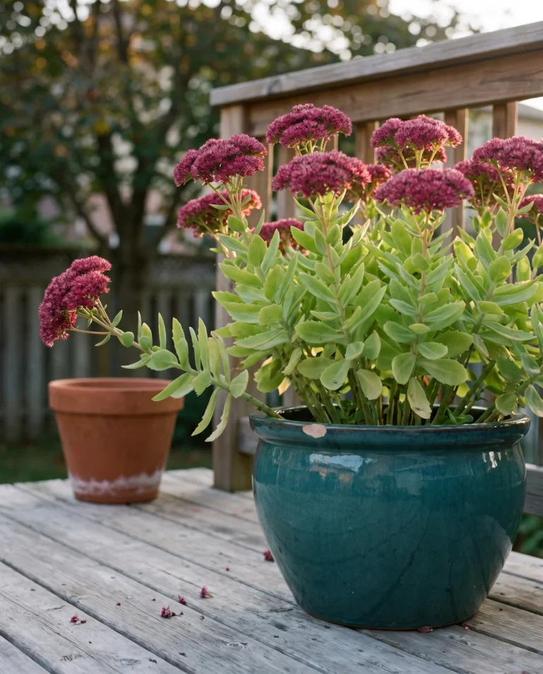 Neon sedum with magenta flower heads in glazed deck container