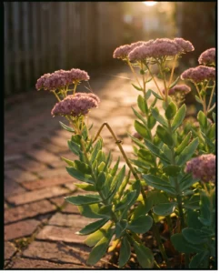 Backlit sedum clump glowing beside blurred brick path at dusk