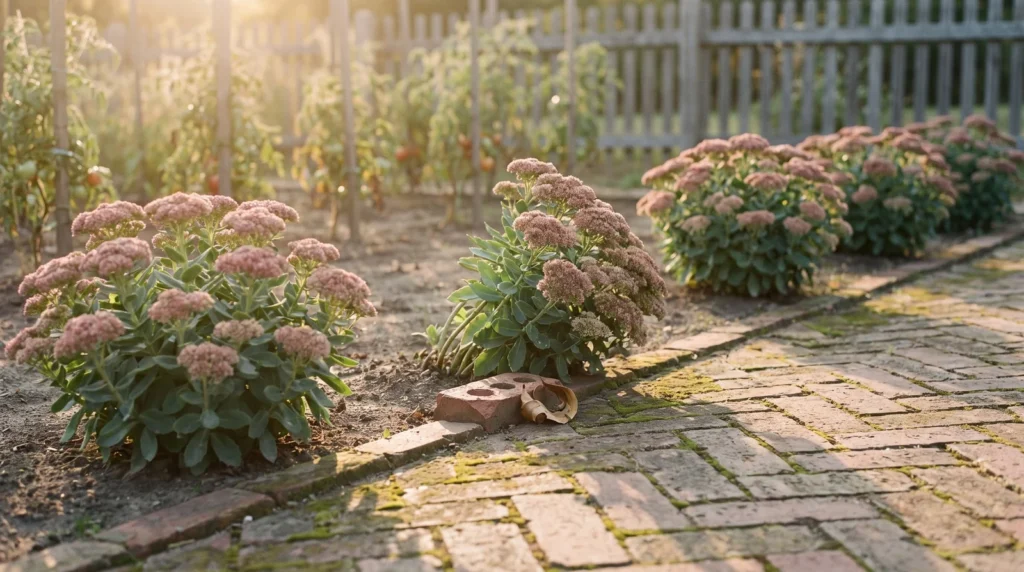 Four spaced sedum domes along brick garden path at golden hour