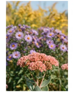 Sharp sedum dome below blurred aster and goldenrod color bands