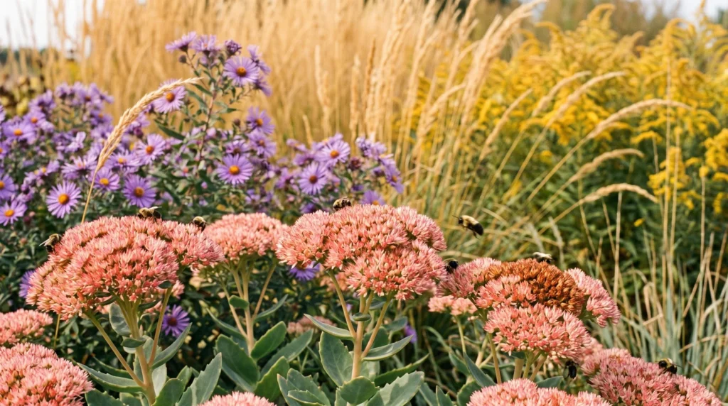 Copper pink sedum, purple asters and goldenrod in September border